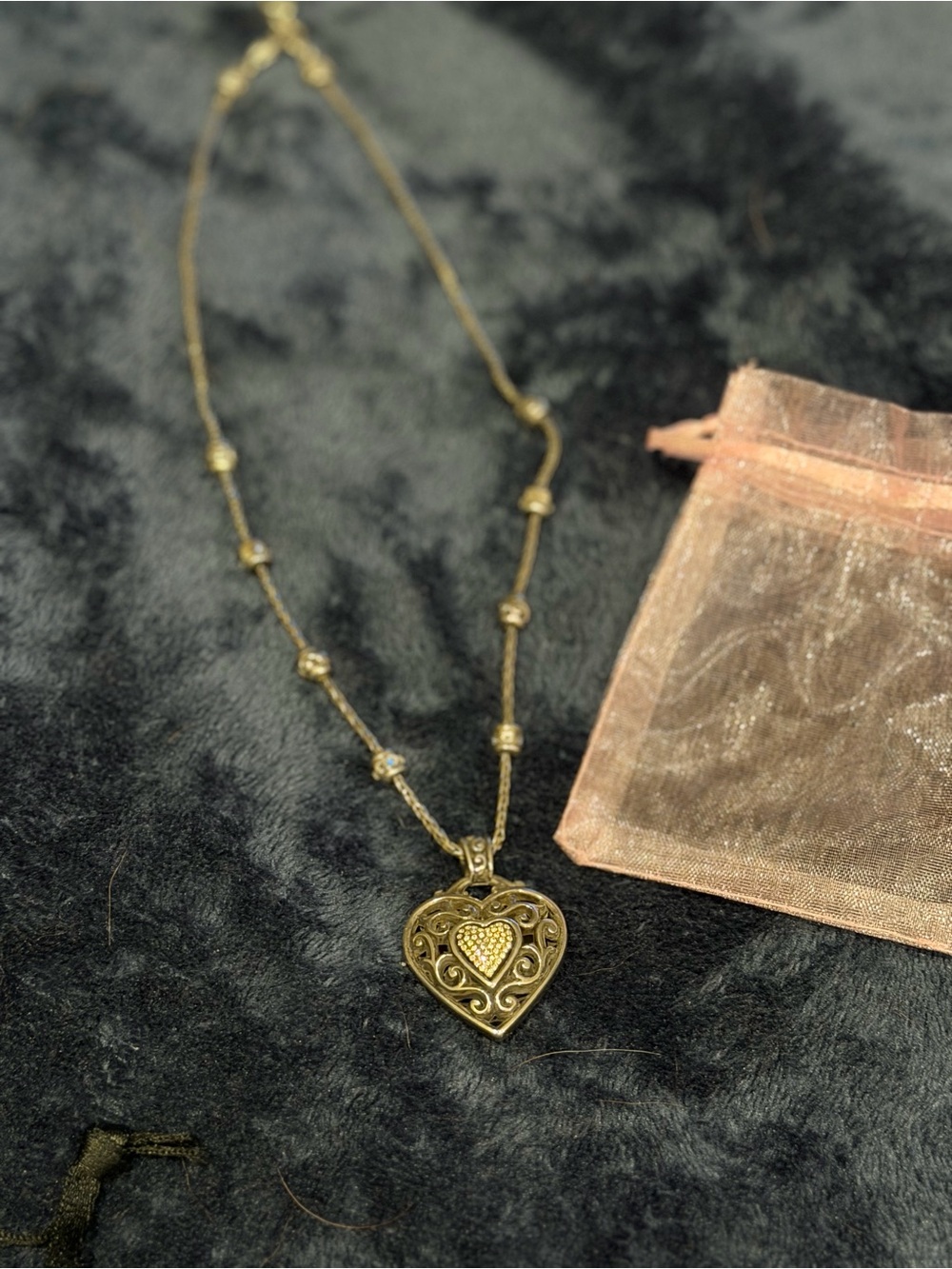 Brighton Silver Filigree Pave Crystal Heart Pendant Necklace with Station Chain